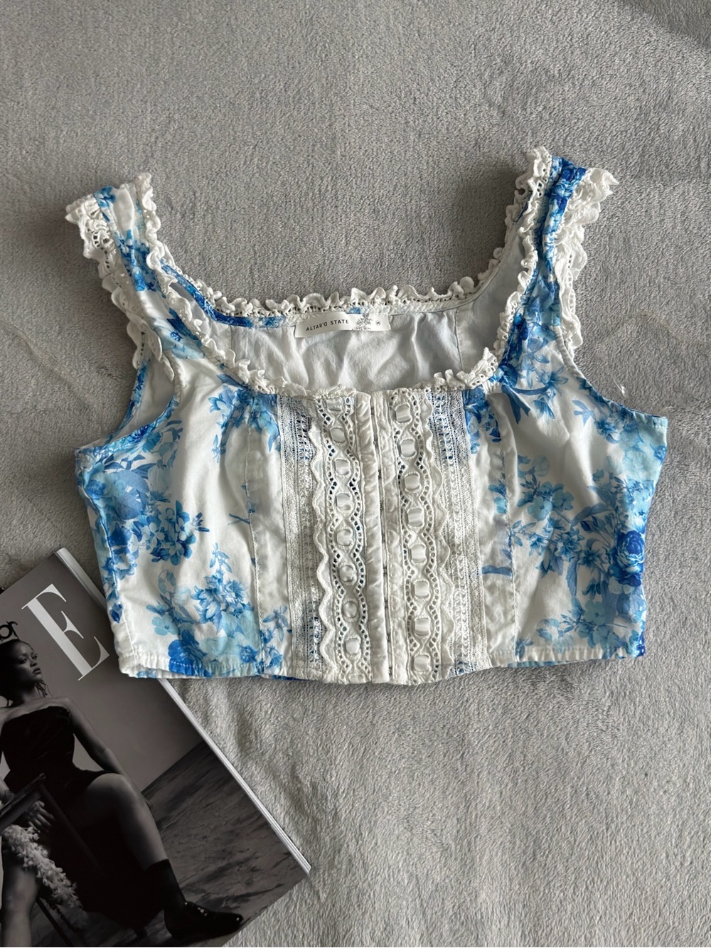 Altar'd State White Crop Top with Blue Floral Lace Trim